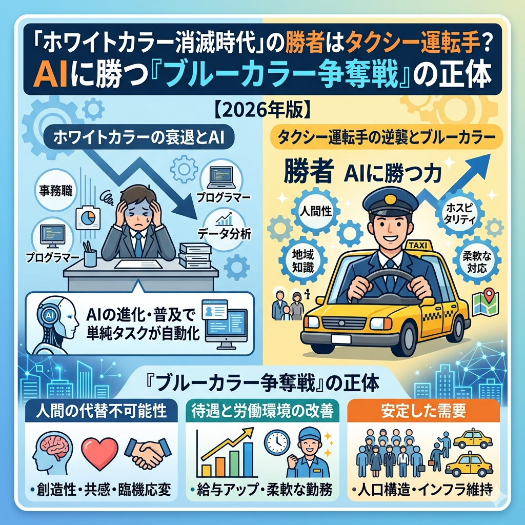 「ホワイトカラー消滅時代」の勝者はタクシー運転手？AIに勝つ『ブルーカラー争奪戦』の正体【2026年版】