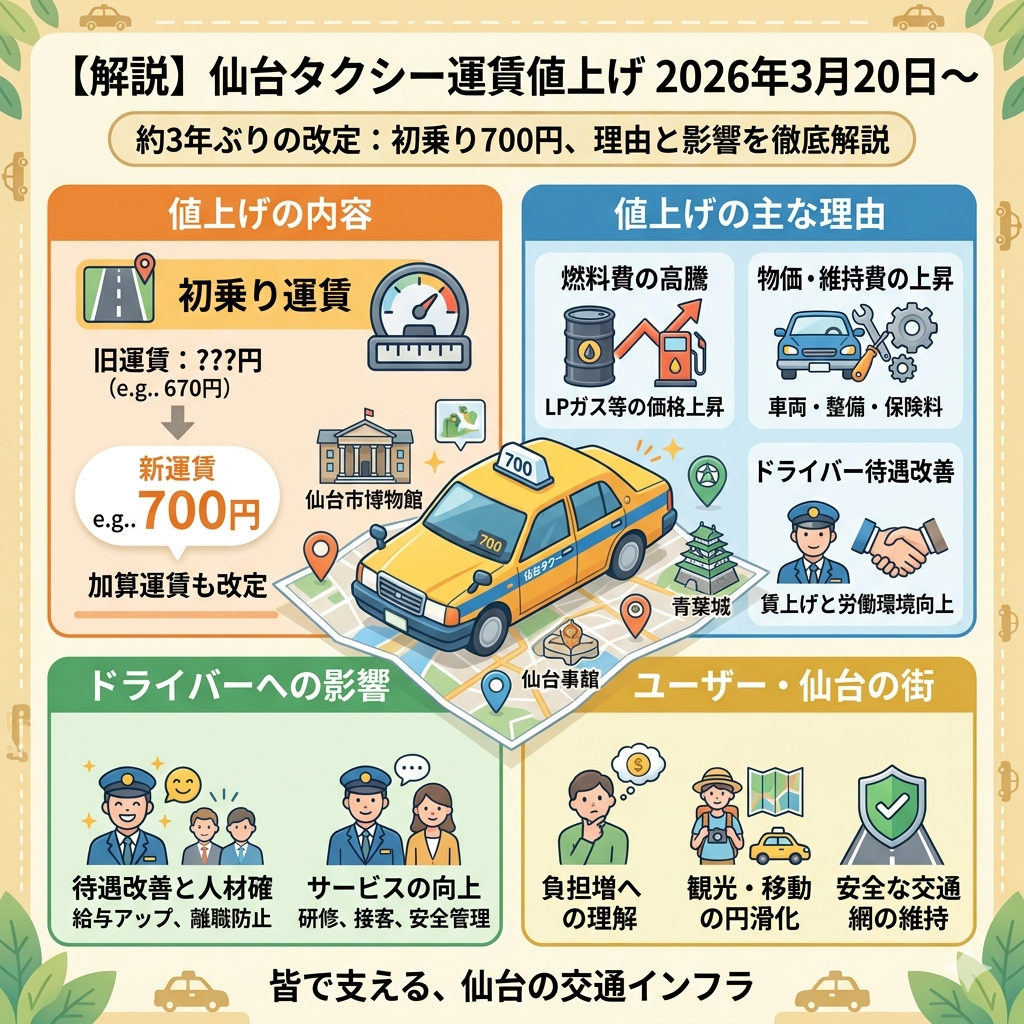 仙台タクシー運賃改定(2026年3月20日適用)を解説する記事のメイン画像
