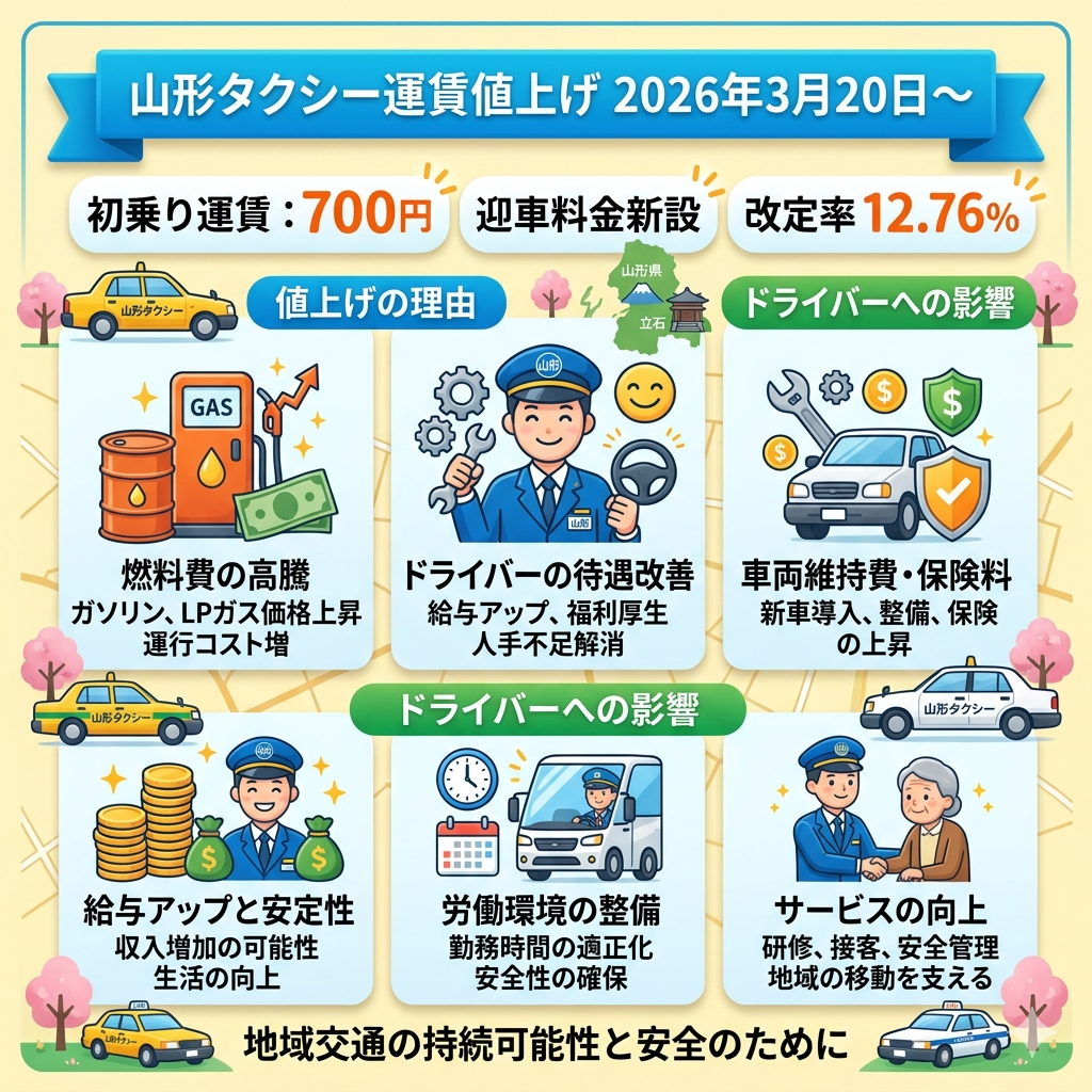 山形タクシー値上げ2026｜3月20日から初乗り700円・迎車料金新設・改定率12.76%の理由とドライバーへの影響