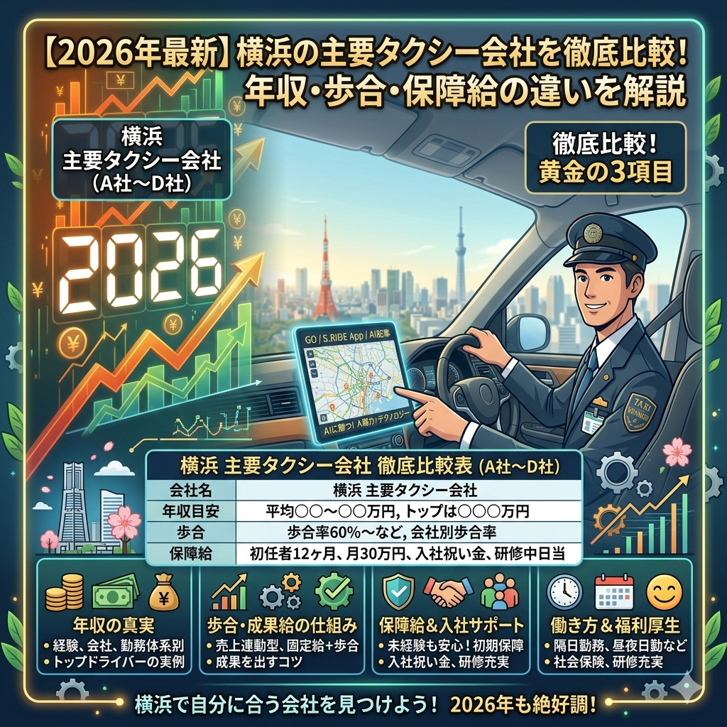 横浜の主要タクシー会社を徹底比較！年収・歩合・保障給の違いを解説