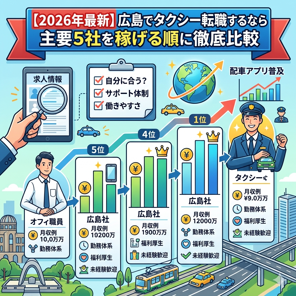 【2026年最新】広島でタクシー転職するならどこ？主要5社を稼げる順に徹底比較