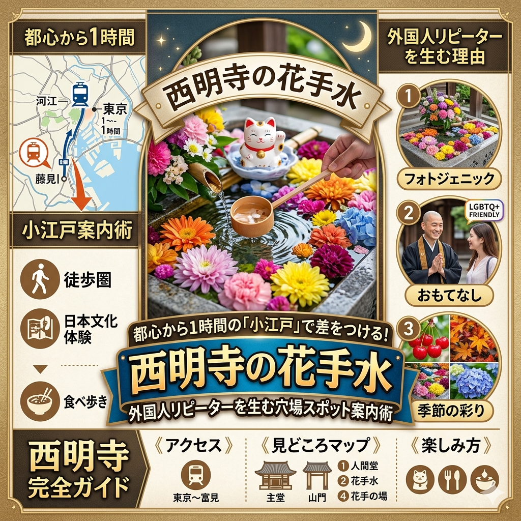 都心から1時間の「小江戸」で差をつける！西明寺の花手水｜外国人リピーターを生む穴場スポット案内術