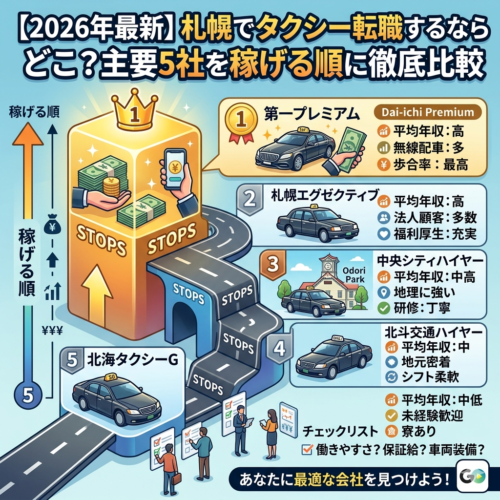 【2026年最新】札幌でタクシー転職するならどこ？主要5社を稼げる順に徹底比較