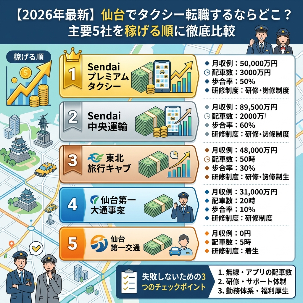 【2026年最新】仙台でタクシー転職するならどこ？主要5社を稼げる順に徹底比較