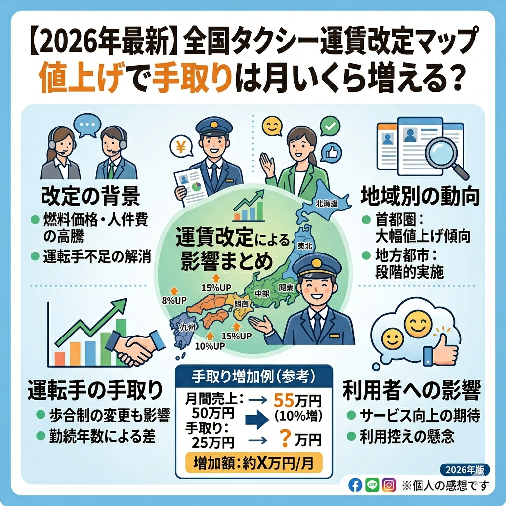 【2026年最新】全国タクシー運賃改定マップ｜値上げで手取りは月いくら増える？