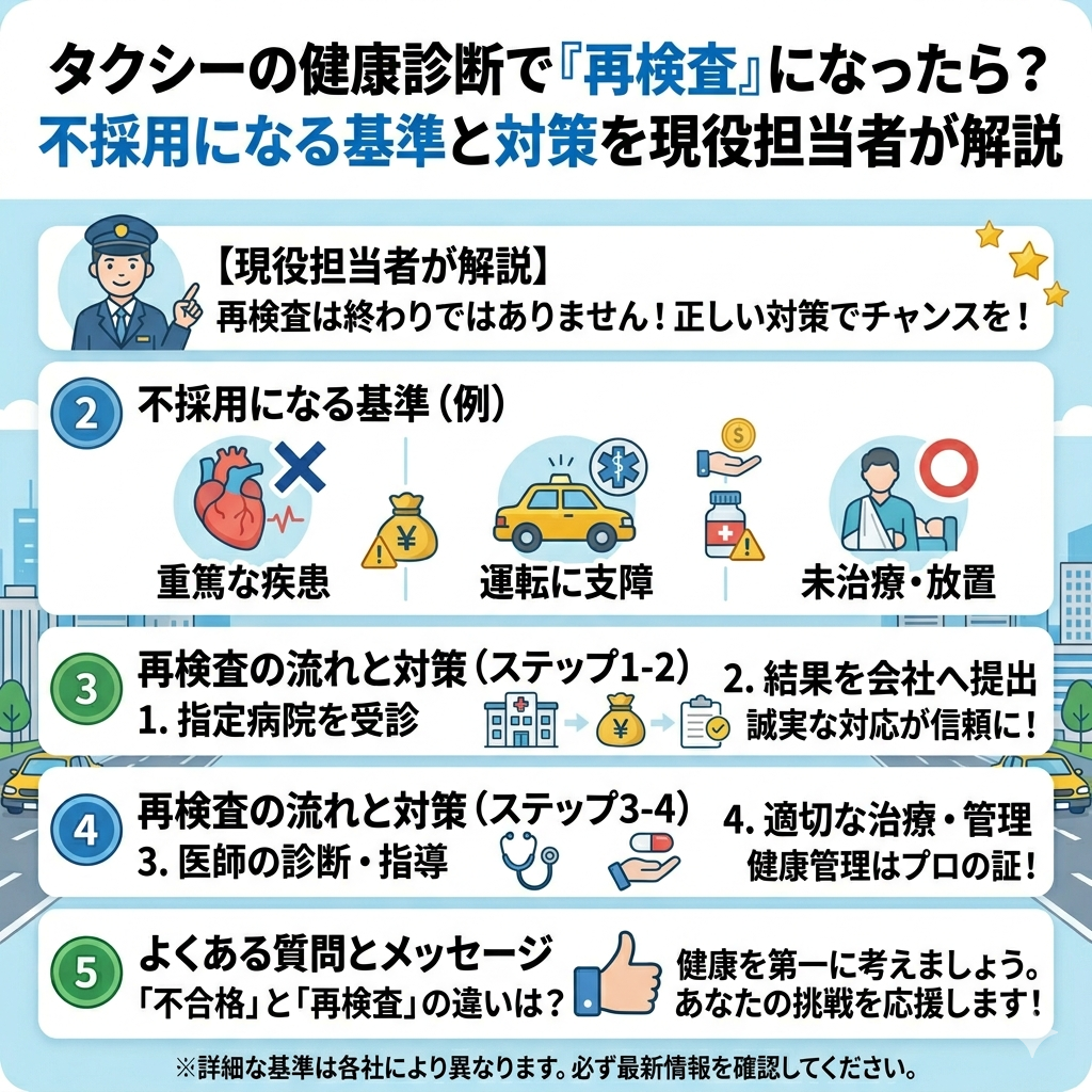タクシーの健康診断で「再検査」になったら？不採用になる基準と対策を現役担当者が解説