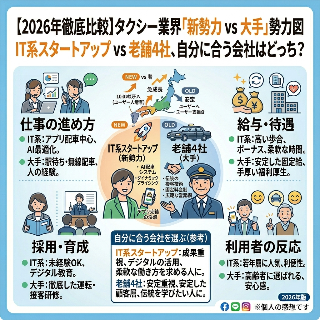 【2026年徹底比較】タクシー業界「新勢力 vs 大手」勢力図