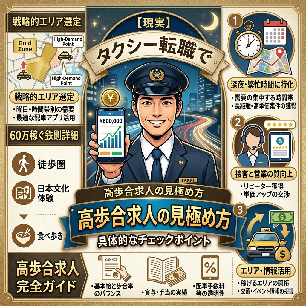 【現実】タクシー転職で月収60万を稼ぐための「3つの鉄則」と高歩合求人の見極め方