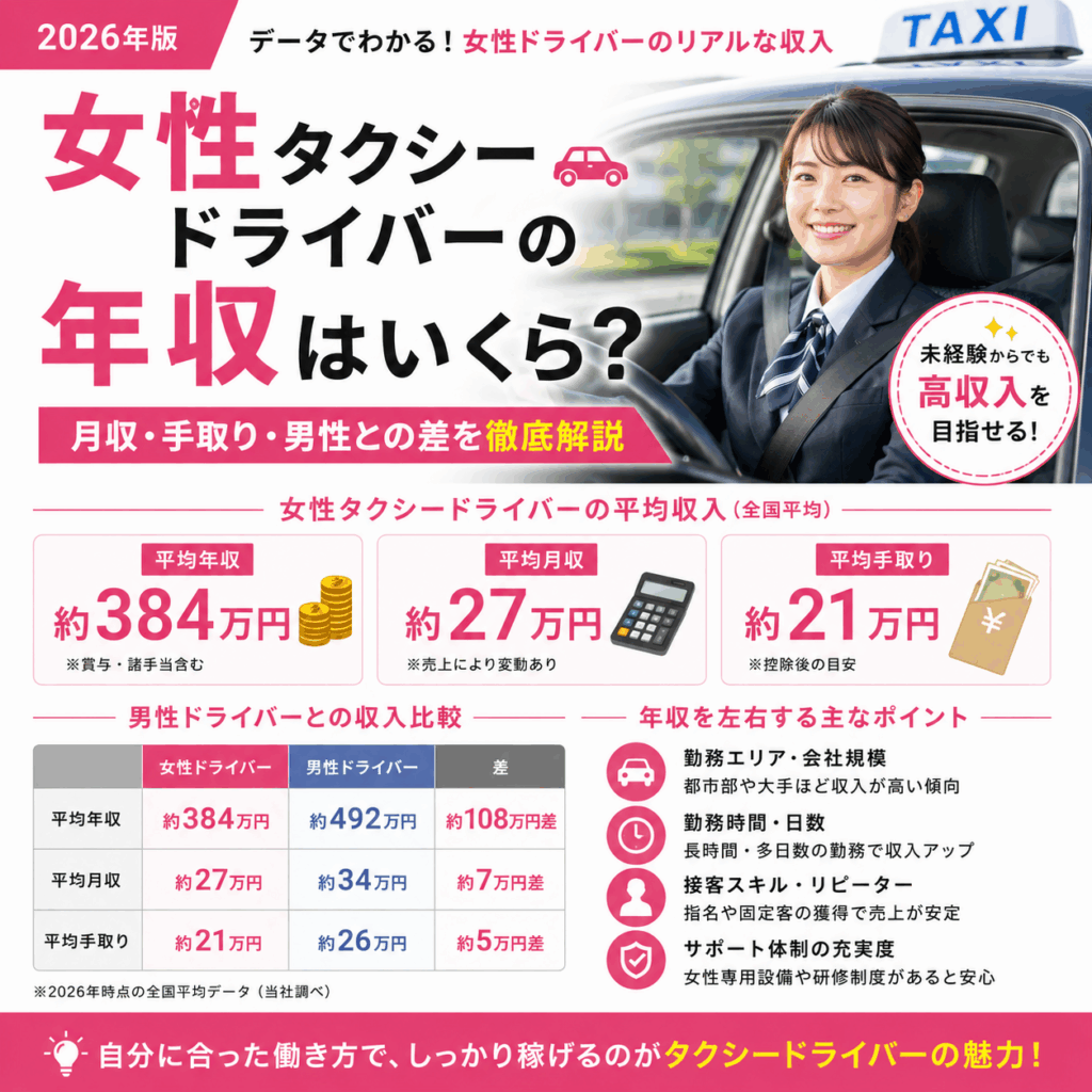 女性タクシードライバーの年収はいくら？月収・手取り・男性との差を徹底解説【2026年版】