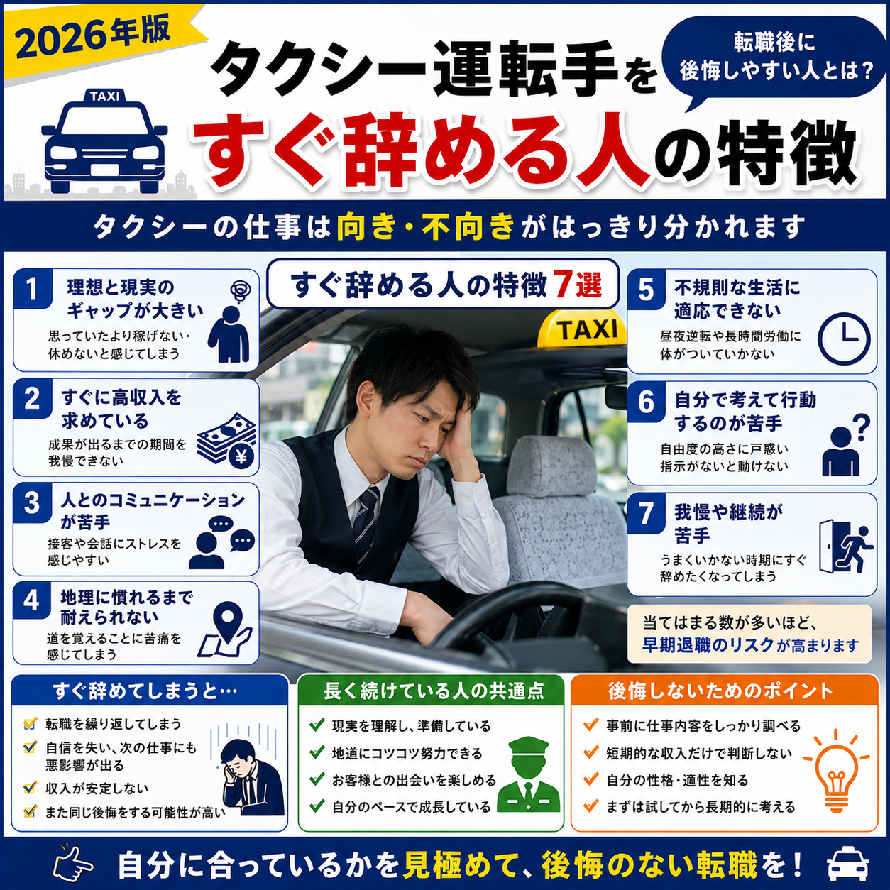 タクシー運転手をすぐ辞める人の特徴｜転職後に後悔しやすい人とは？【2026年版】