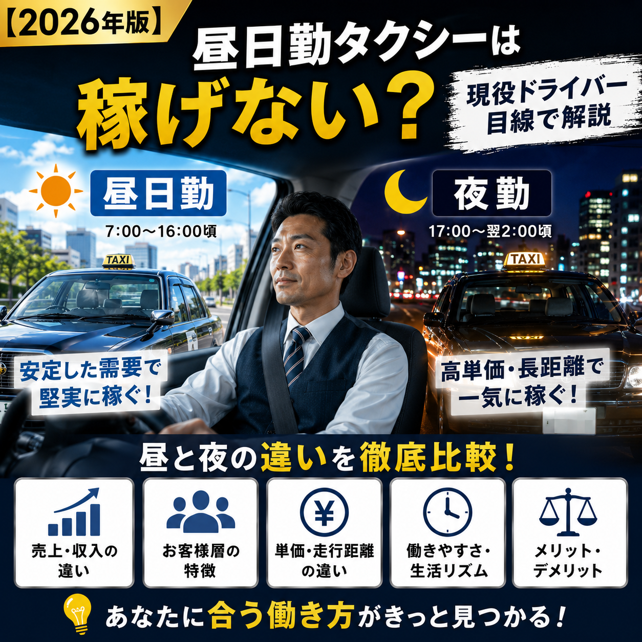 【2026年版】昼日勤タクシーは稼げない？夜勤との違いを現役ドライバー目線で解説