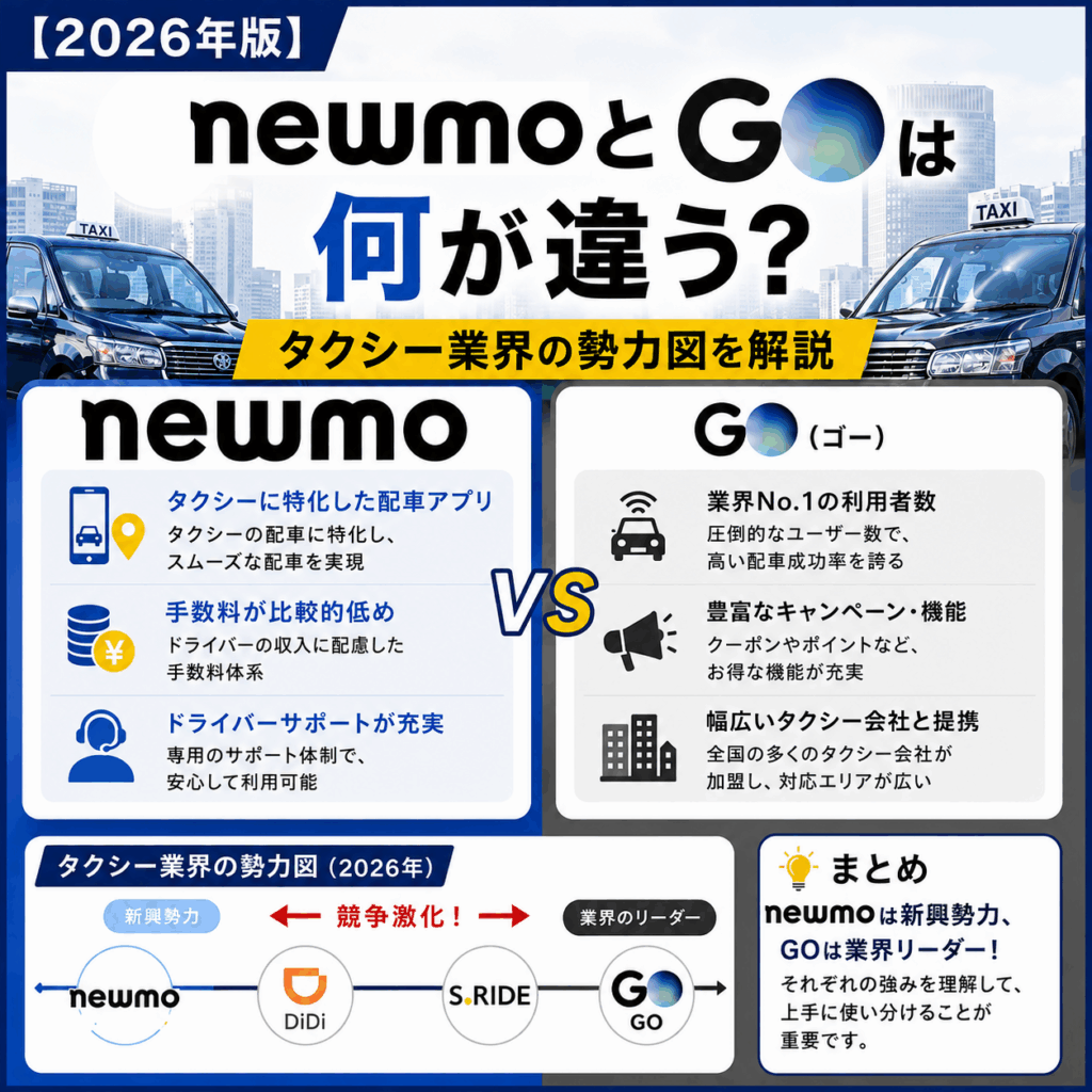 【2026年版】newmoとGOは何が違う?タクシー業界の勢力図を解説