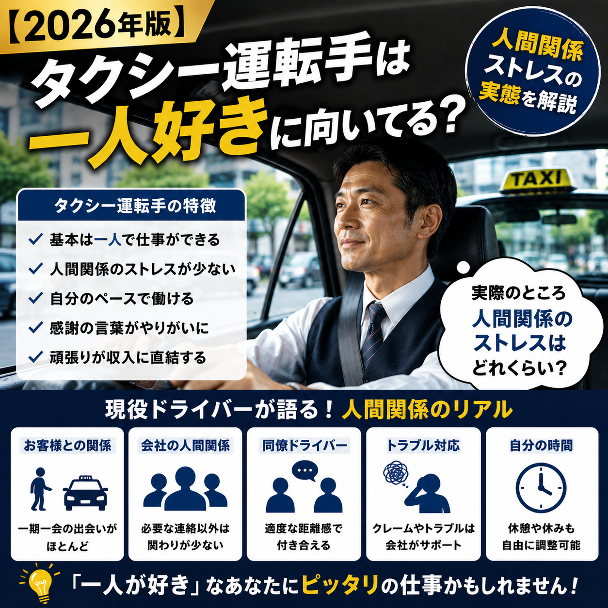 【2026年版】タクシー運転手は一人好きに向いてる？人間関係ストレスの実態を解説