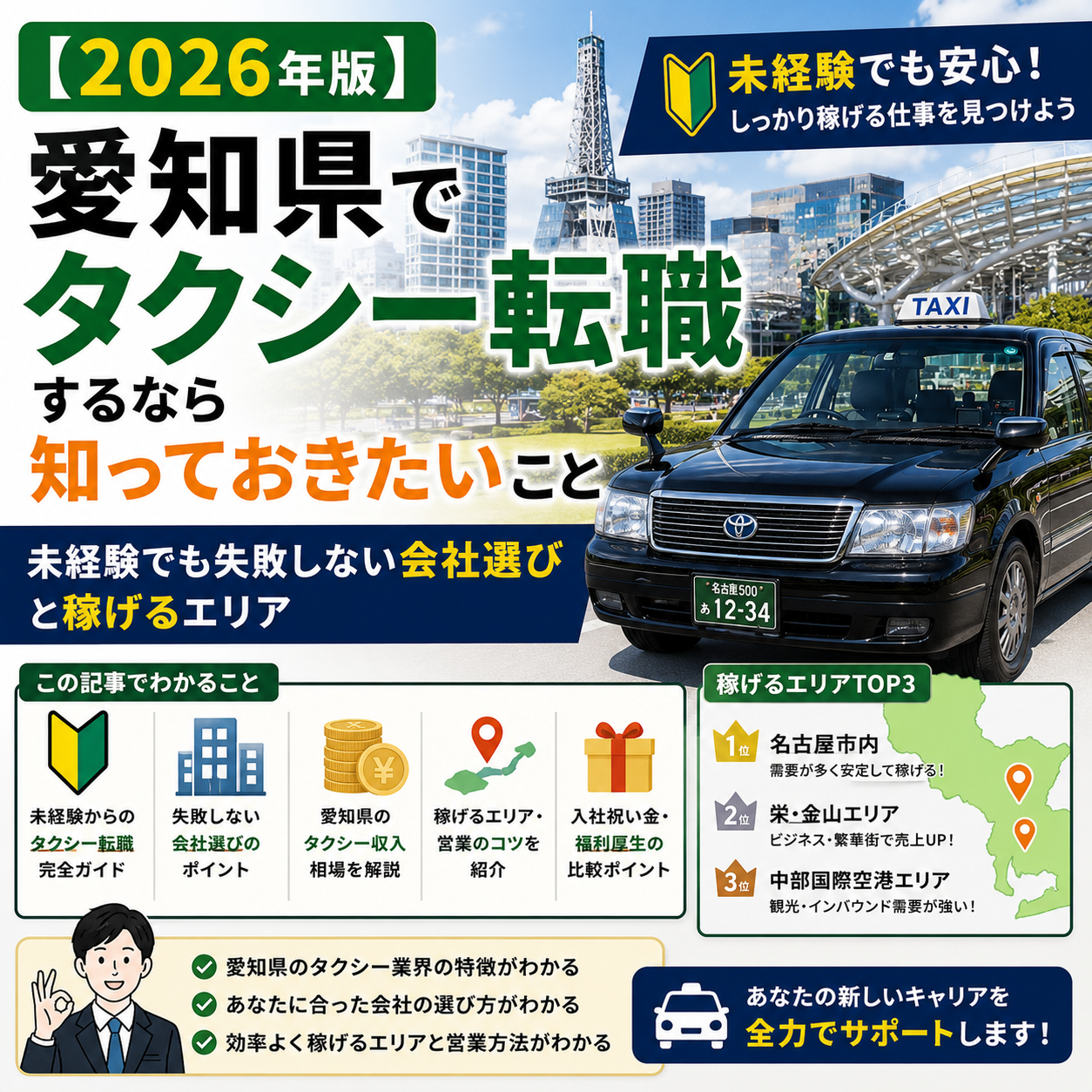 【2026年版】愛知県でタクシー転職するなら知っておきたいこと|未経験でも失敗しない会社選びと稼げるエリア