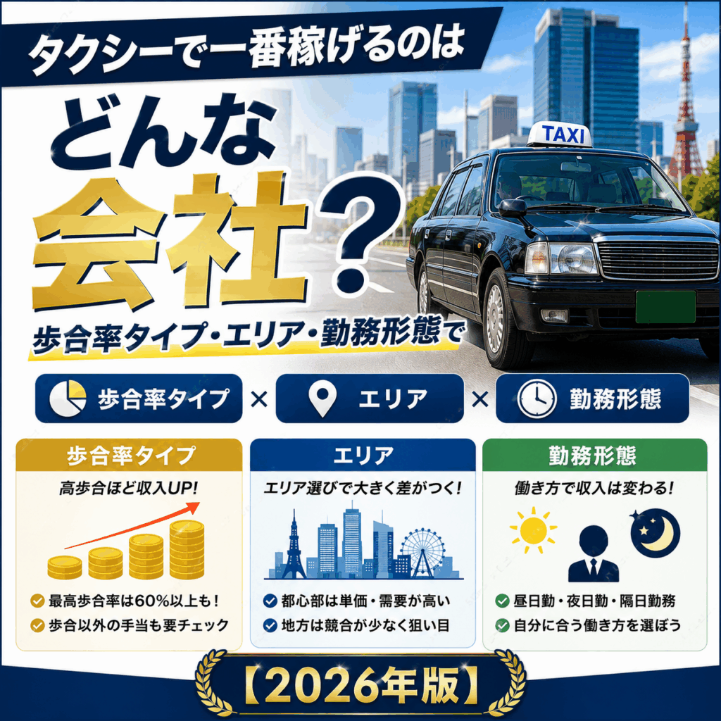 タクシーで一番稼げるのはどんな会社？歩合率タイプ・エリア・勤務形態で徹底比較【2026年版】