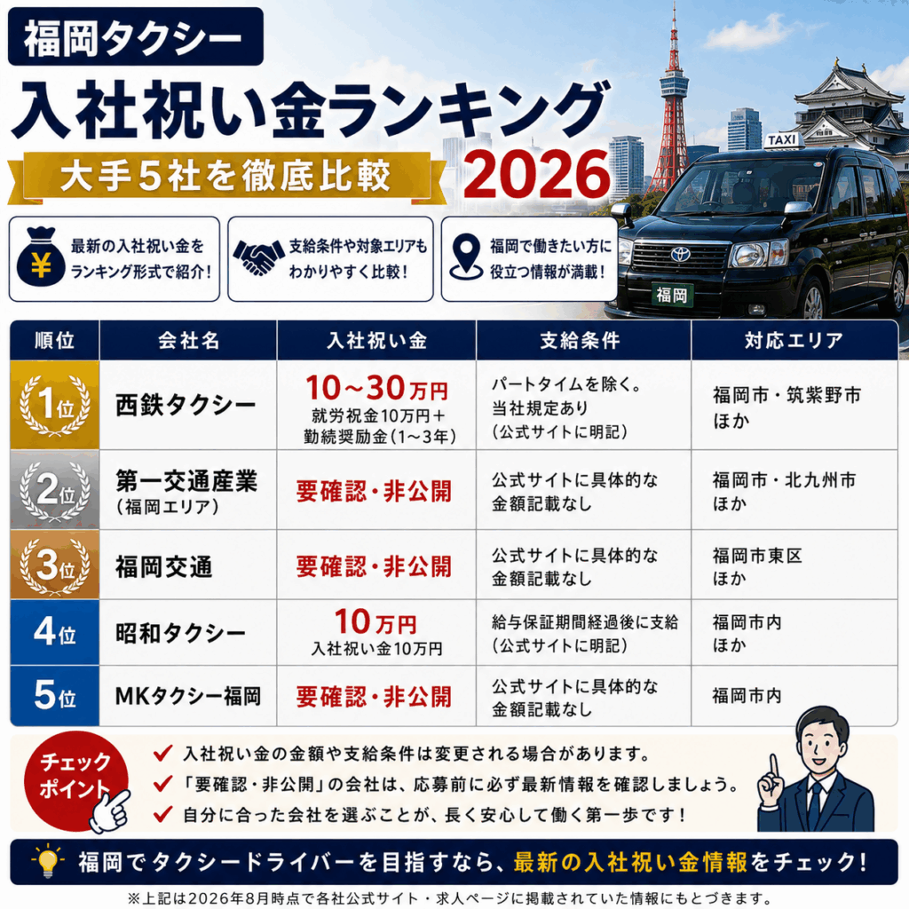 福岡タクシー入社祝い金ランキング2026|大手5社を徹底比較