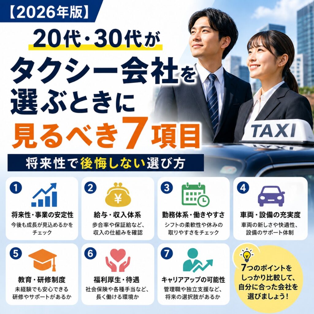 【2026年版】20代・30代がタクシー会社を選ぶときに見るべき7項目｜将来性で後悔しない選び方