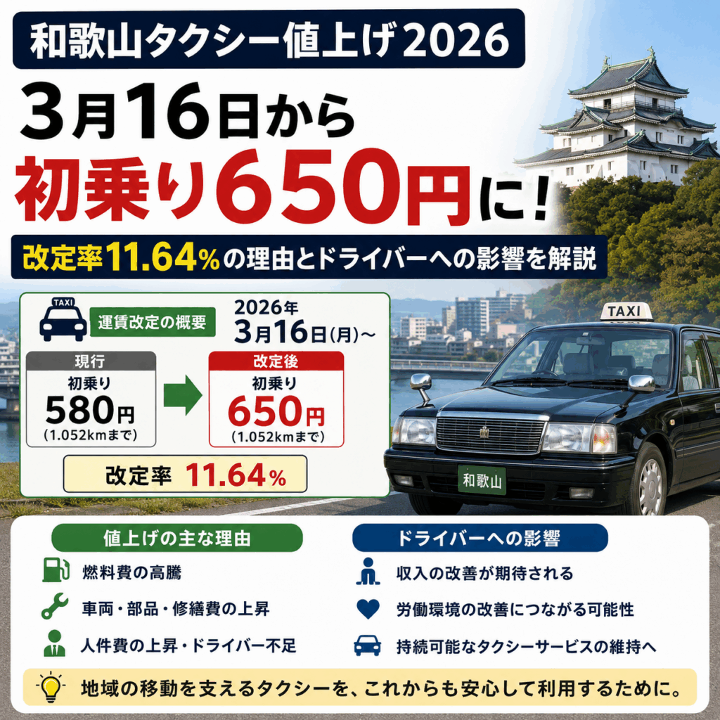 和歌山タクシー値上げ2026|3月16日から初乗り650円・改定率11.64%の理由とドライバーへの影響を解説