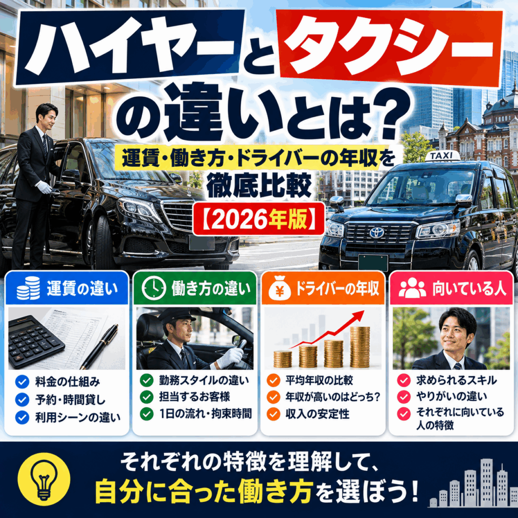 ハイヤーとタクシーの違いとは?運賃・働き方・ドライバーの年収を徹底比較【2026年版】