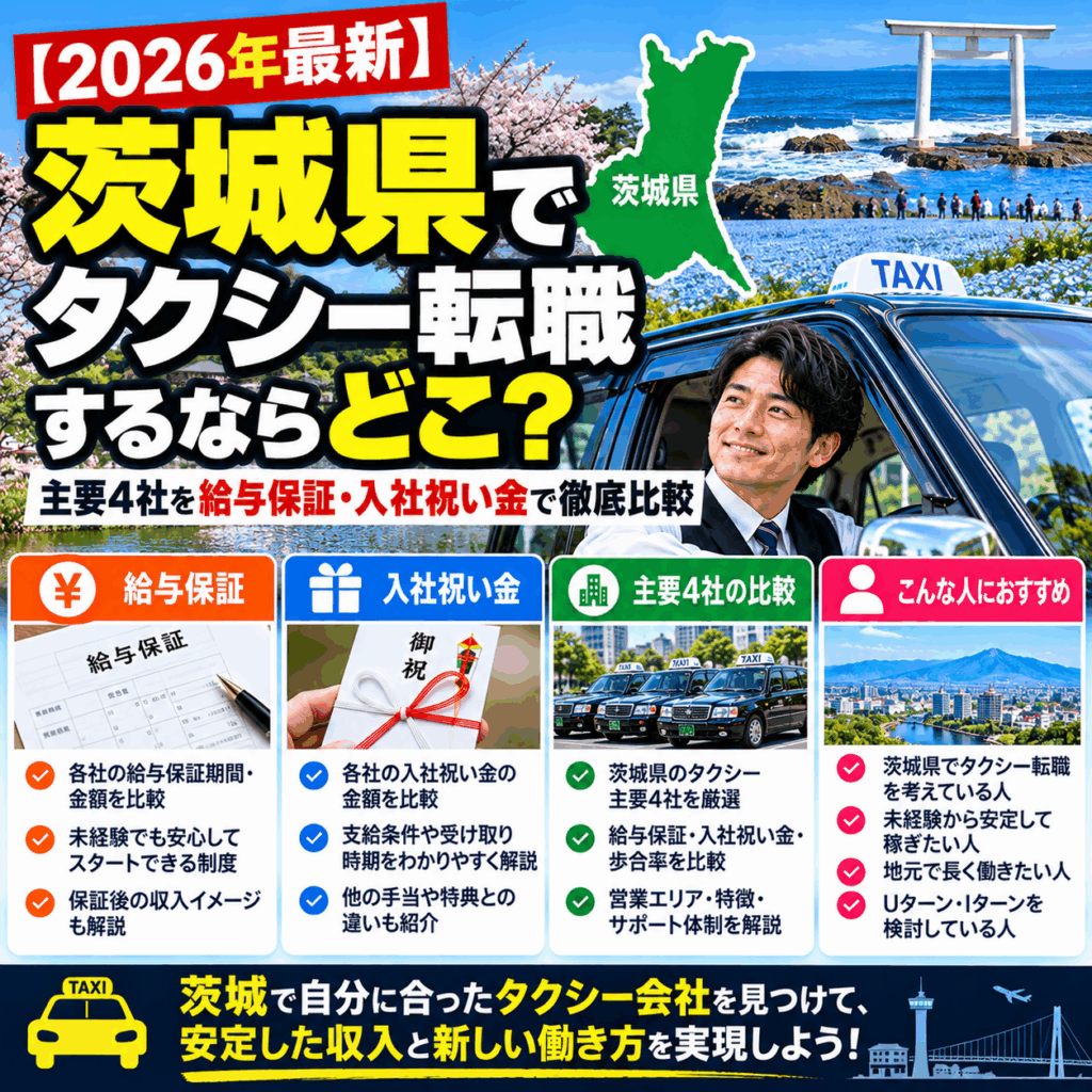 【2026年最新】茨城県でタクシー転職するならどこ?主要4社を給与保証・入社祝い金で徹底比較