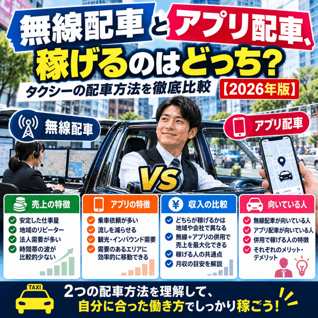 無線配車とアプリ配車、稼げるのはどっち?タクシーの配車方法を徹底比較【2026年版】