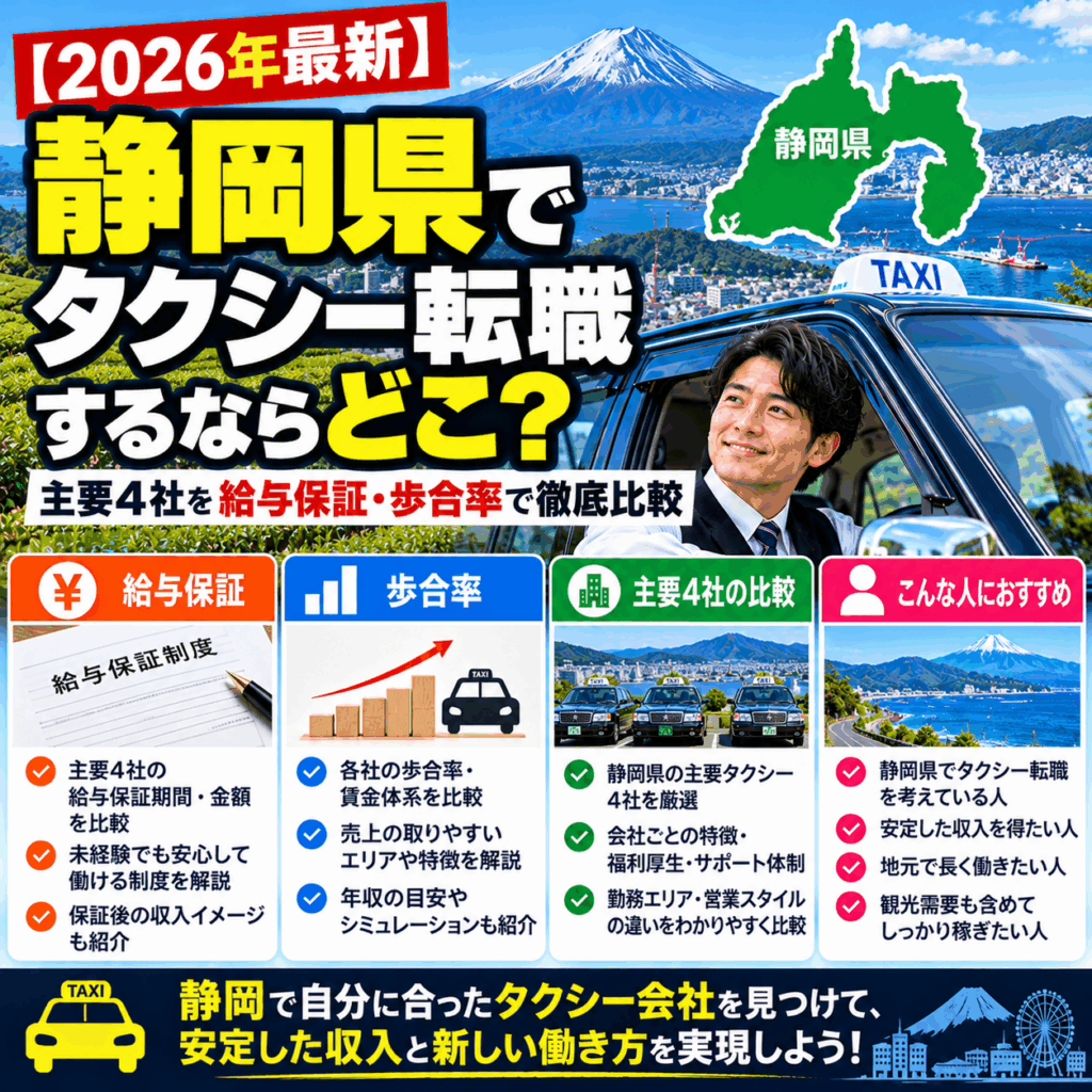 【2026年最新】静岡県でタクシー転職するならどこ？主要4社を給与保証・歩合率で徹底比較