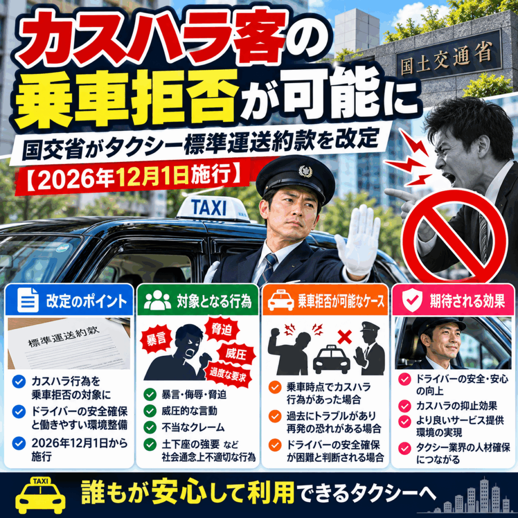 カスハラ客の乗車拒否が可能に|国交省がタクシー標準運送約款を改定【2026年12月1日施行】