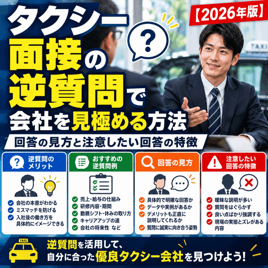 タクシー面接の逆質問で会社を見極める方法|回答の見方と注意したい回答の特徴【2026年版】
